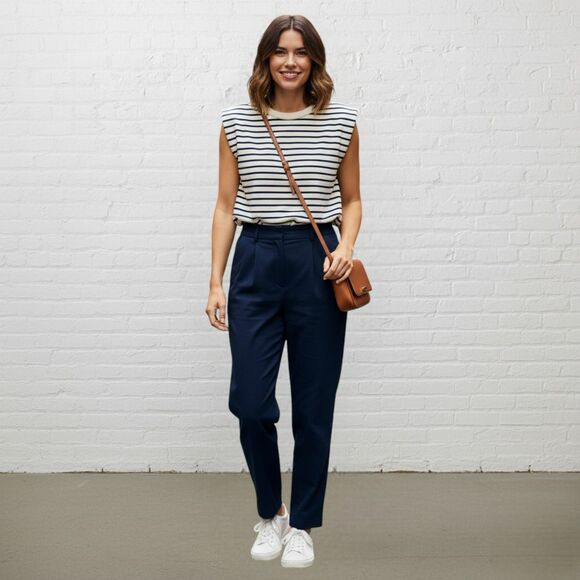 J.Crew Top Size XS Structured Muscle Tee Stripe Mariner Cotton Navy Ivory - Picture 13 of 13